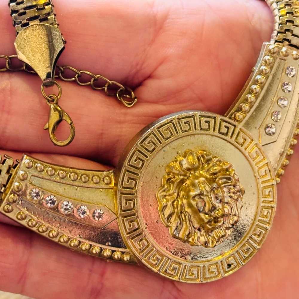 Original Fine Art Gold Metal Necklace Lion Medusa Designer Runway Vintage Unisex